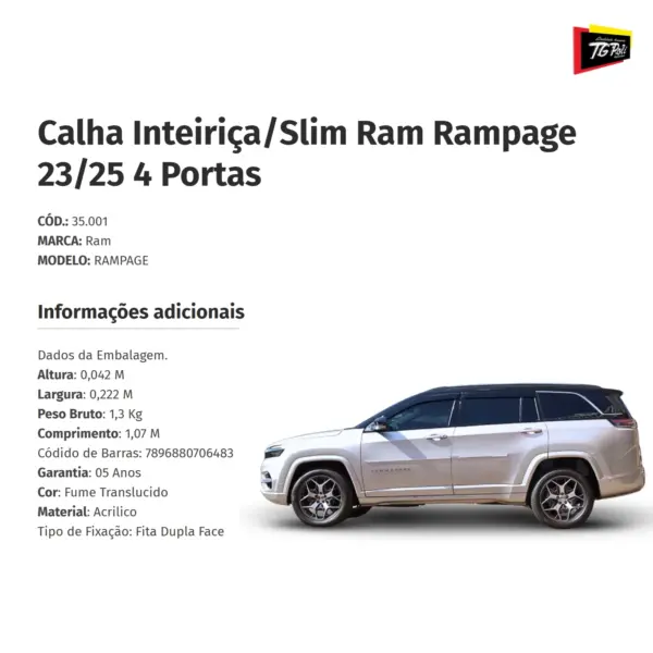 CALHA DE CHUVA INTEIRICA SLIM COMMANDER 2024 ATE 2026 4 PORTAS