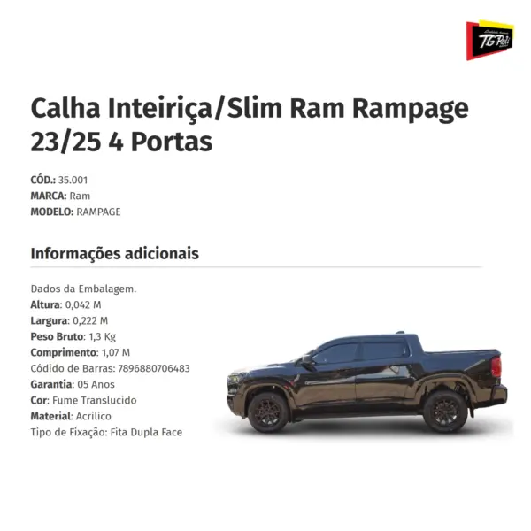 Calha De Chuva Slim Tg Poli - Rampage 2023 A 2025 Fumê