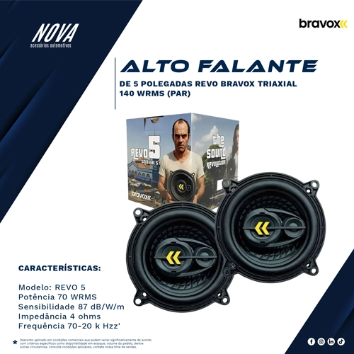 BRAVOX ALTO FALANTE DE 5 POLEGADAS REVO TRIAXIAL Par Alto-falante Bravox Revo 5 280w 4 Ohms 140w Rms