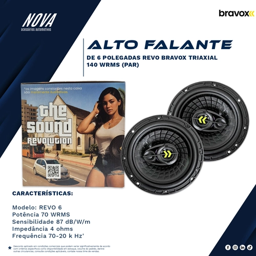 BRAVOX ALTO FALANTE DE 6 POLEGADAS REVO TRIAXIAL 140 WRMS------ bravox 6 polegadas