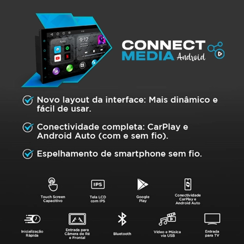 MULTIMIDIA DE 7 POLEGADAS QUAD-CORE CARPLAY ANDROID AUTO ESPELHAMENTO CONNECT MEDIA ANDROID 7 POLEGADAS UNIVERSAL - FT-MM-CMA7 - FAAFTECH