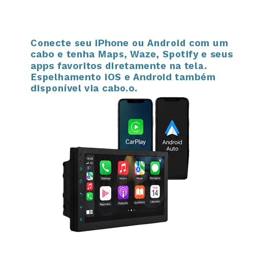 Tudo conectado, sem complicação Duas entradas USB, entrada AV para câmera frontal, saídas RCA e Bluetooth 5.4 para chamadas e música sem fio.